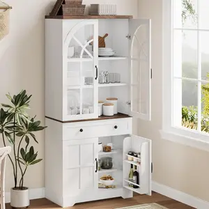 Farmhouse Pantry Cabinet, 71.9" Tall Freestanding Kitchen Cabinet with Tempered Glass Doors& Anti-Tip Design for Kitchen, Dining Room & Living Room
