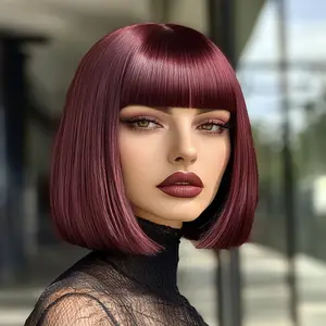 SMILCO/12-inch Wine Straight Bob Wig with Hair Bangs H99 - Adjustable Strap, Comfortable Fit, Long Lasting Wear, Mesh Cap Included