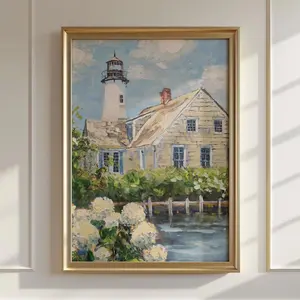 Lighthouse Beach House Wall Art, Coastal Hydrangea Print, Cottagecore Seaside Painting Poster, Summer Nautical Home Decor, Coastal Landscape