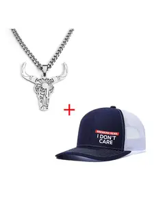 Unisex Baseball Cap & Bull Head Necklace Set, Casual Fitted Design, All-Season Wear, Adjustable Trucker Style, Perfect Christmas Gift, Adjustable Trucker Hat
