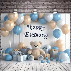 Bear & Balloon Pattern Birthday Party Banner, 1 Count Birthday Party Backdrop, Balloon Arch Backdrop, Photo Booth Props, Indoor & Outdoor Decoration Supplies, Ornaments