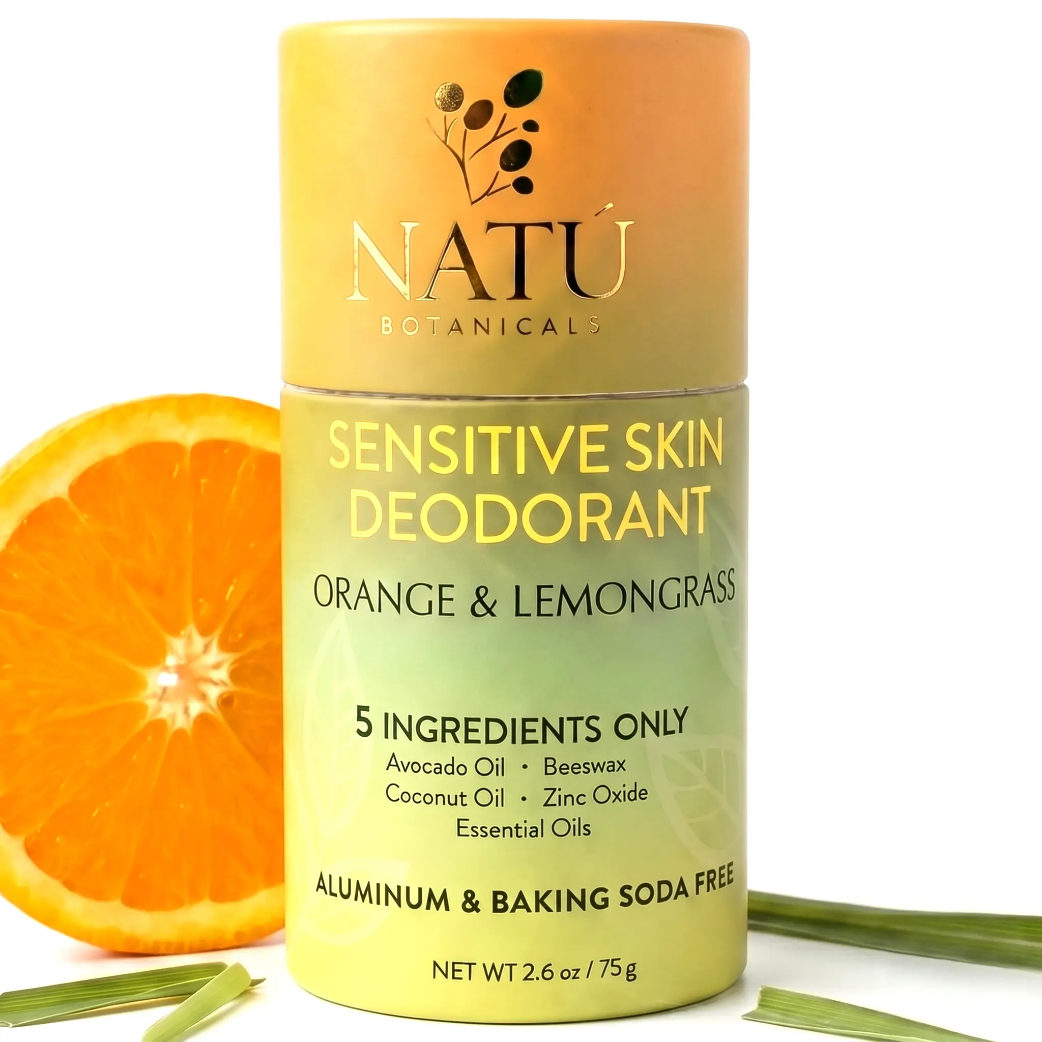 Natú Botanicals Orange & Lemongrass Sensitive Skin Deodorant | Aluminum-Free & Baking Soda-Free | 24 Hour Odor Protection