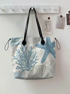 2D Starfish Shell Pattern Drawstring Tote Bag, Large Capacity Shopping Bag for Work, Shopping & Picnics, Durable and Secure Design