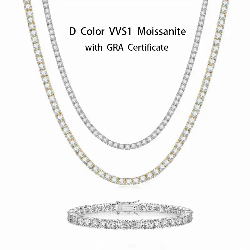 Tariff Safe Full Moissanite Synthetic All Sizes Tennis Necklace Set D Color VVS1 Clarity Hypoallergenic Link for Men & Women, Perfect Hip Hop,Rappers