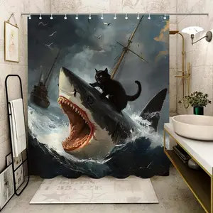 Cartoon Cat Riding Shark Pattern Shower Curtain, Waterproof Shower Curtain with Free Hooks, Bathroom Decor for Home, Hotel, Apartment, Dorm, Spa, Bathroom Decoration Accessories