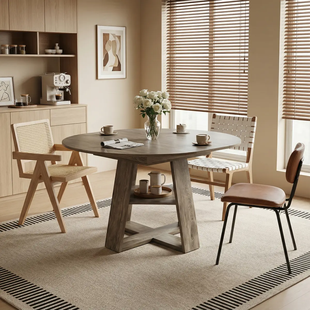 Aobtkel  Round  Table - 43.3in-59in Extendable Adaptive Multifunction Wood-Look Table, Modern Oval with Removable Leaves, Wood Base with Storage Shelf for Kitchen (Gray, Seats 4-8), Adaptive  Tables, Multifunction  Tables