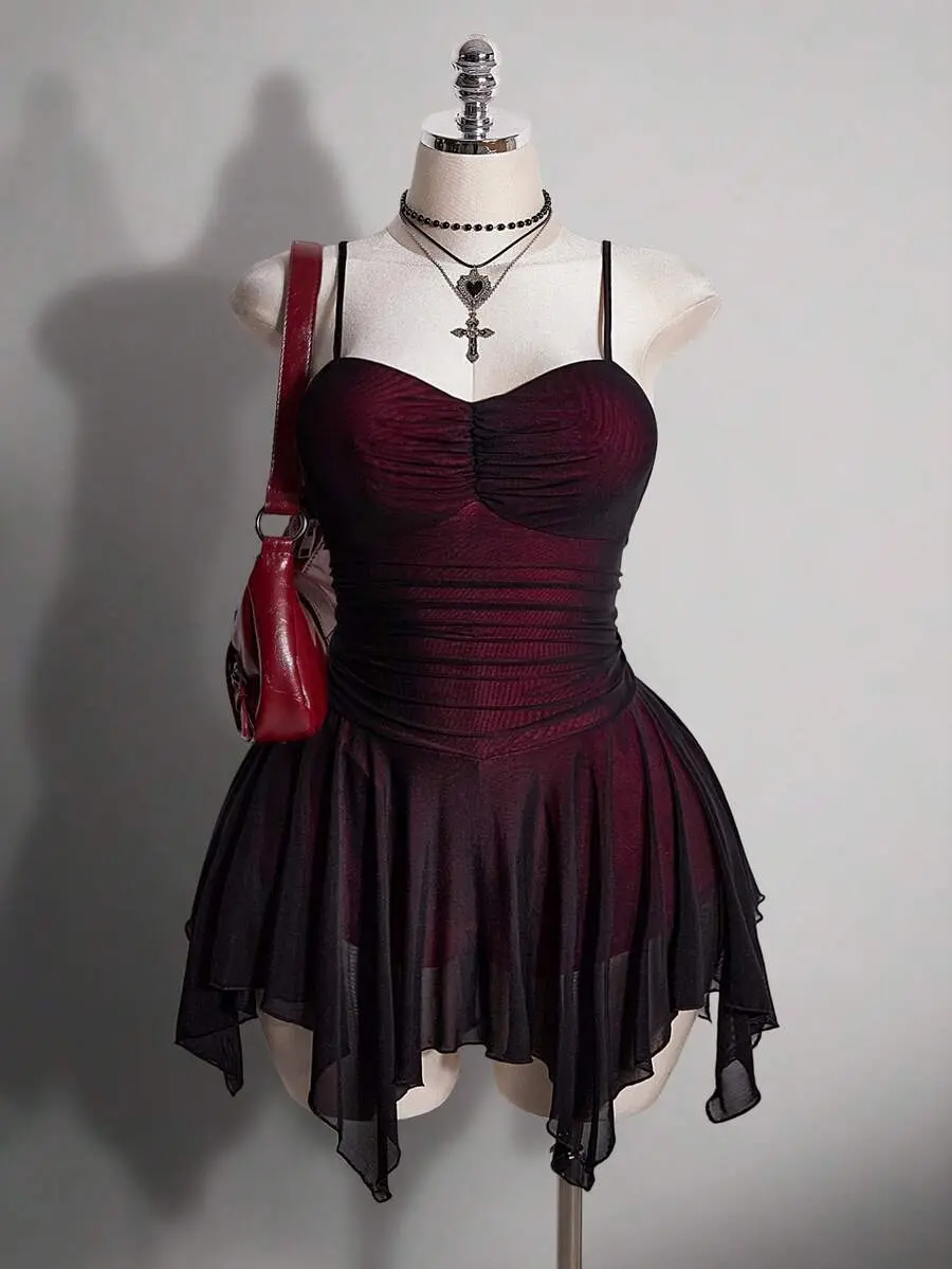 Plus Size Women's Retro 2000s 70's 90s Goth Black Summer Night Out Party Club Dress, Y2K Mesh Cami Fitted Asymmetric Hem Gathered Chest