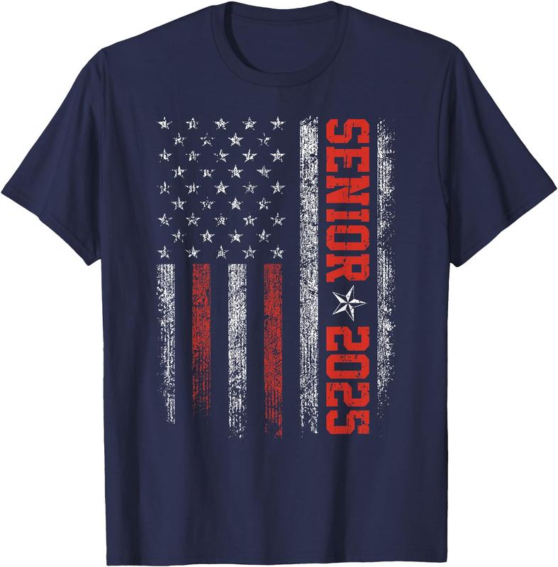 Senior Year 2025 American Flag USA Graduation Class Of 2025 Unisex T-Shirt Cotton Menswear Man Classic