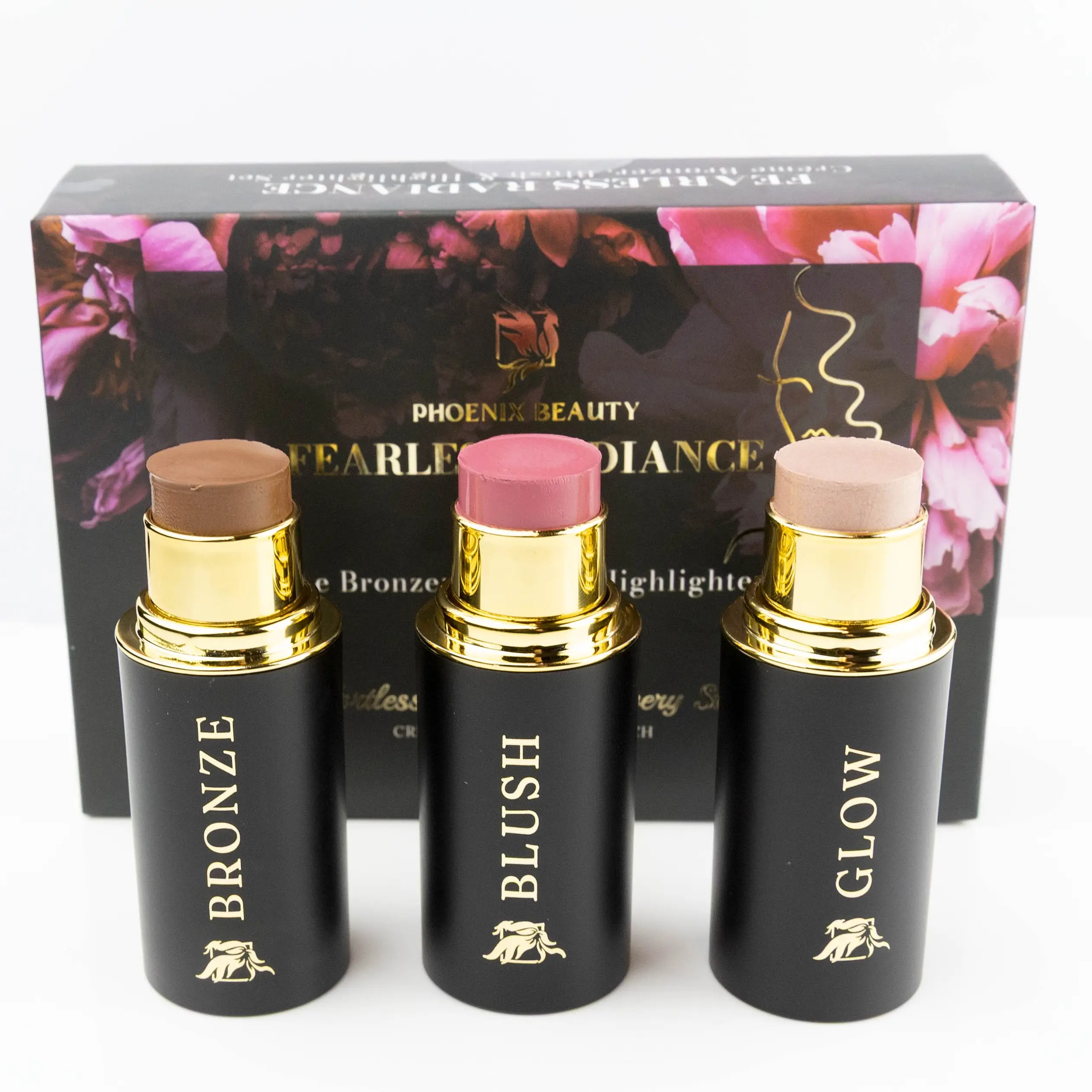 Phoenix Beauty Contour Trio Cream Bronzer Blush & Highlighter Set with Shea Butter Vitamin E & Hyaluronic Acid for Summer Glow Gift Set - Cosmetic, Makeup