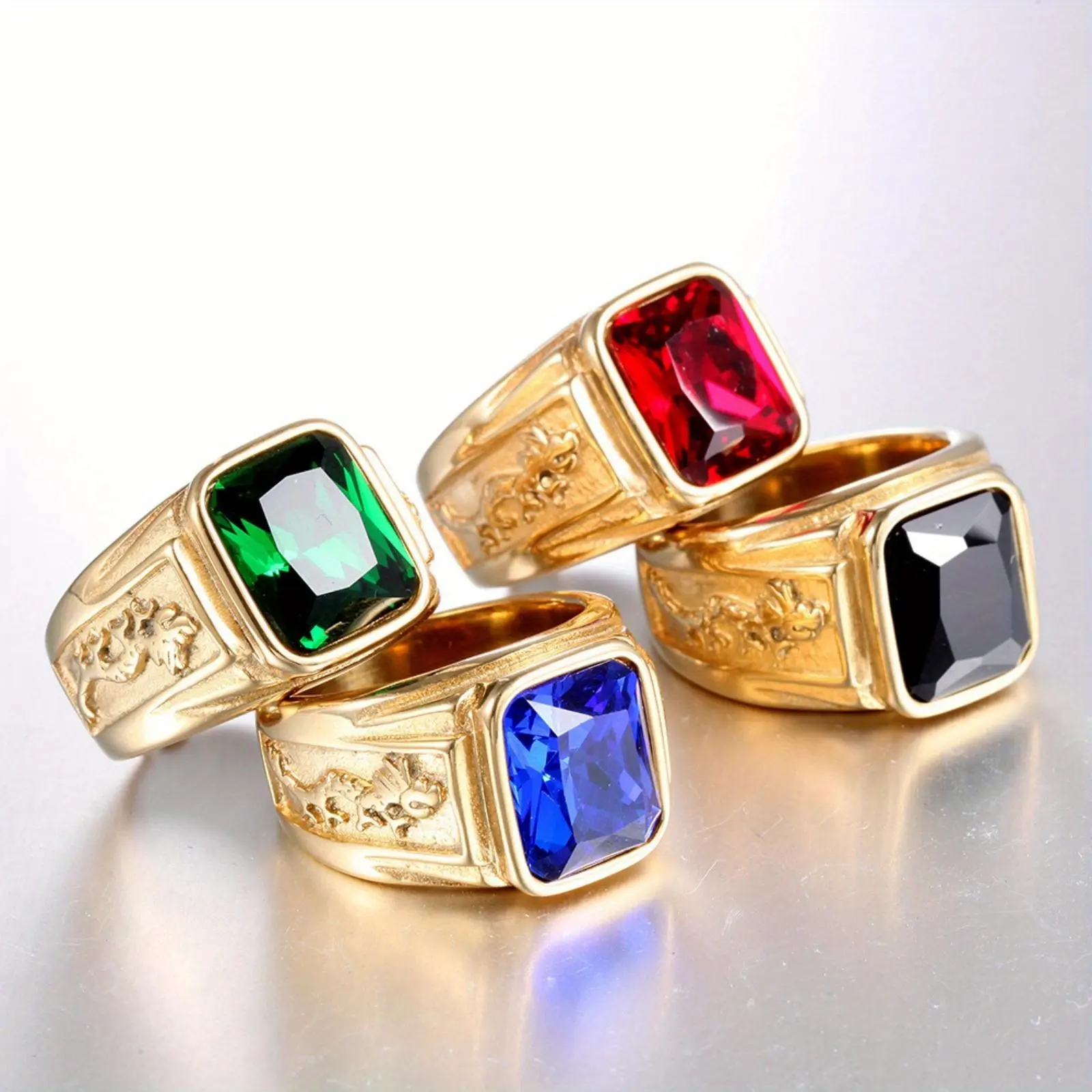 Hip Hop Statement Ring for Men in Stainless Steel, Geometric Design with Multi-Color Cubic Zirconia Party Accent, Men's Jewelry, Rings