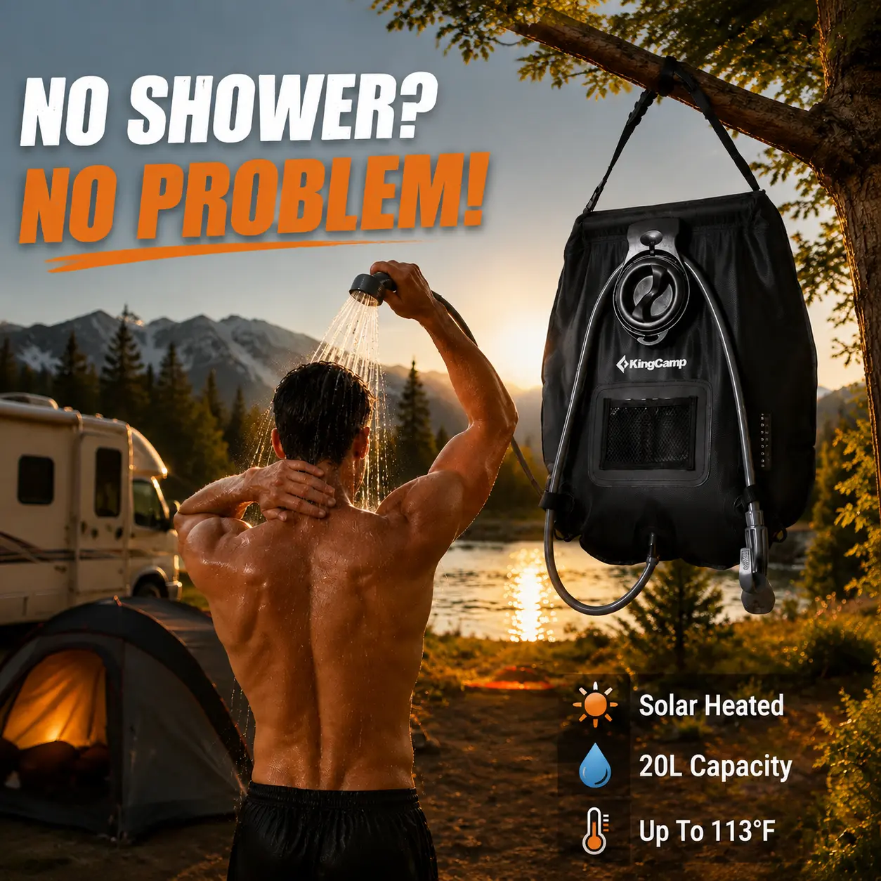 KingCamp Unisex Warm Solar Shower Bag, 5 Gal/20L Leak-Proof Portable Camping Accessories, Hiking Gear with Built-in Thermometer, Adjustable Shower Head, Removable Hose, Heats Water to 113°F in 3H for Outdoor Camping, RV