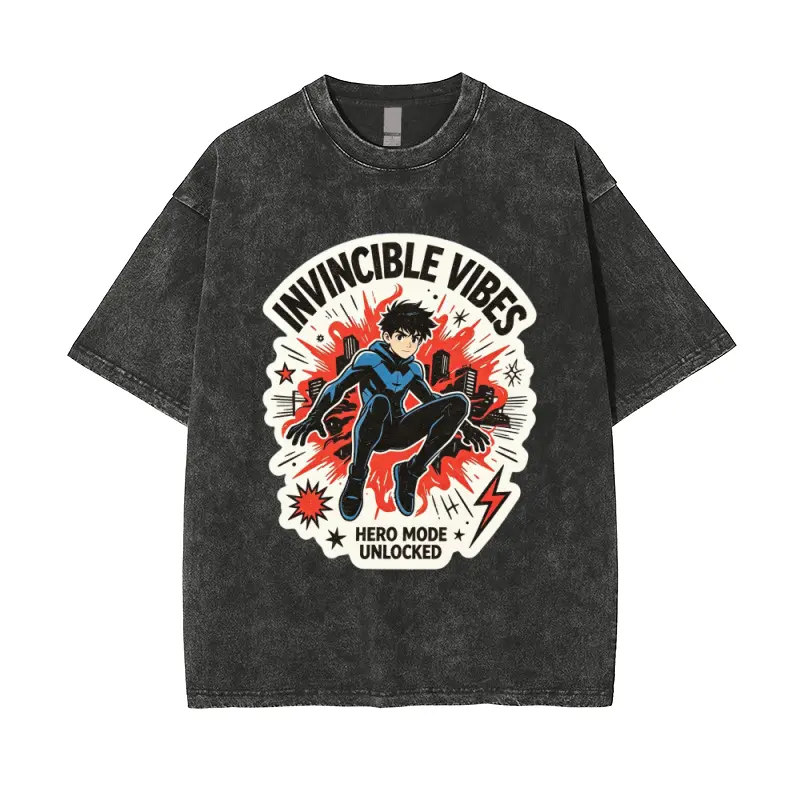 Hero Graphic T Shirt for Men Women, Anime Inspired Cartoon Warrior Print Washed Vintage Tee, Action Style Casual Short Sleeve Shirt