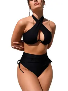 Black Halter Cross Cutout Bikini Set, Underwire Push-Up Top with High Waisted Ruched Drawstring Bottom, Tummy Control Swimsuit for Women, Beachwear Bathing Suit for Summer Vacation