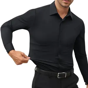 Men's Super Stretchy Dress Shirt Quick-Drying Breathable Anti-Wrinkle Muscle Slim Long-Sleeved Business Sports Casual Black Top Outdoorfun Beige Fabric,Father's Day Gift Workwear Menswear,Father's Day Gift Menswear Beige/Black