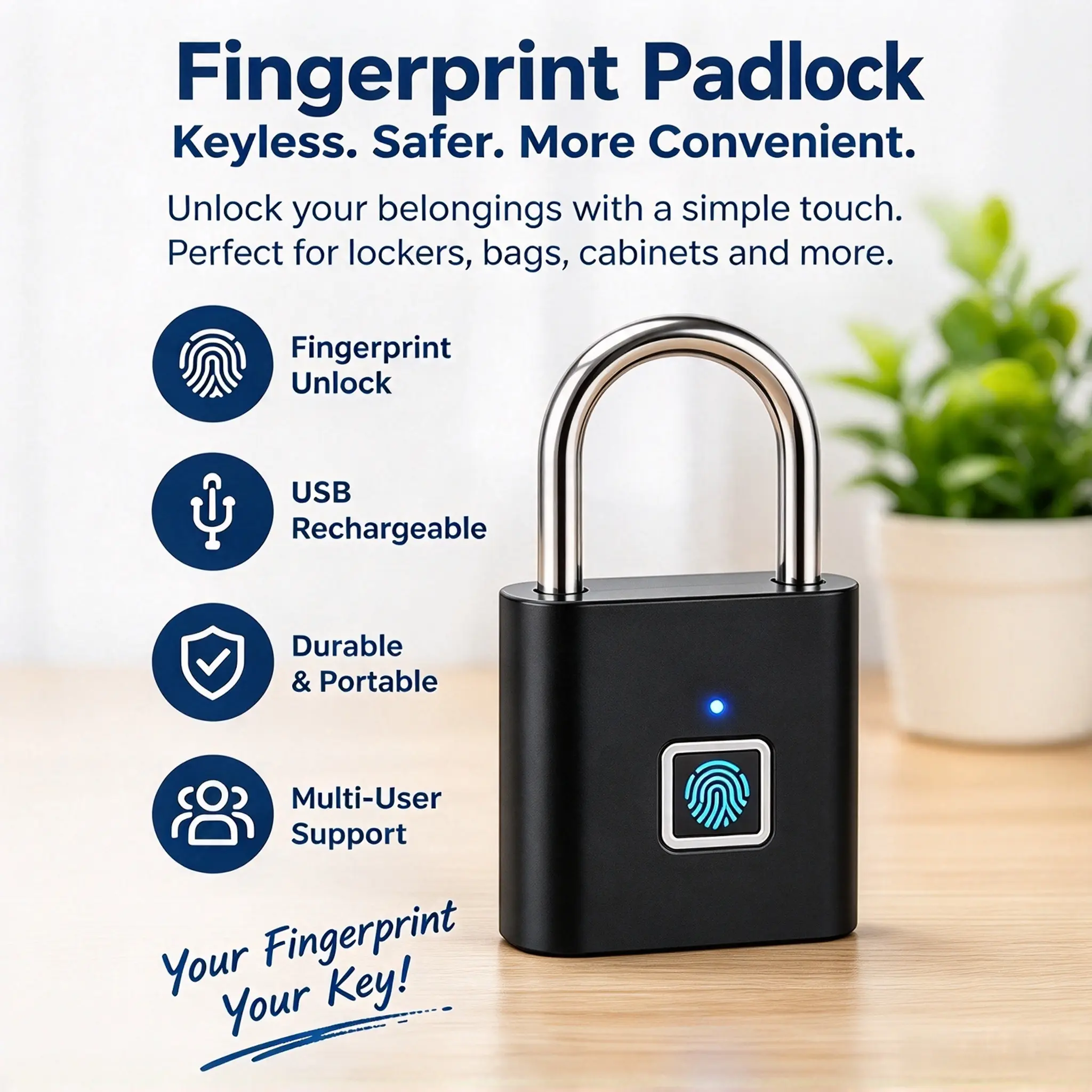Smart Fingerprint Padlock, USB Rechargeable Keyless Biometric Lock with One-Touch Unlock, IP54 Water-Resistant Security Lock for Gym Lockers, Cabinets, Fences & Sports