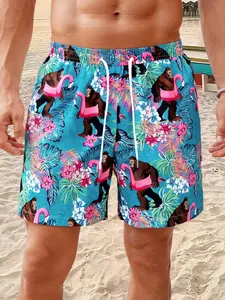 Men's Regular Fit Flamingo & Plants Print Beach Shorts, Casual Comfy Breathable Swim Shorts for Summer, Men's Shorts for Beach Vacation, Summer Swim Trunks, Swimming Shorts