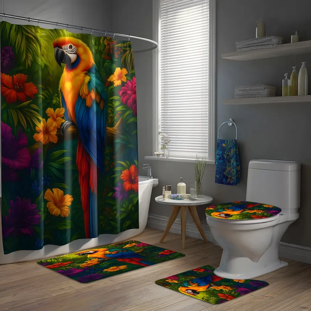 Colorful Parrot Pattern Bathroom Decor Set, Includes Shower Curtain, Toilet Lid Cover, Mat, U-Shaped Pad, Casual Style, Wall Mounted, Bathroom Decoration Accessories, Bathroom Accessory
