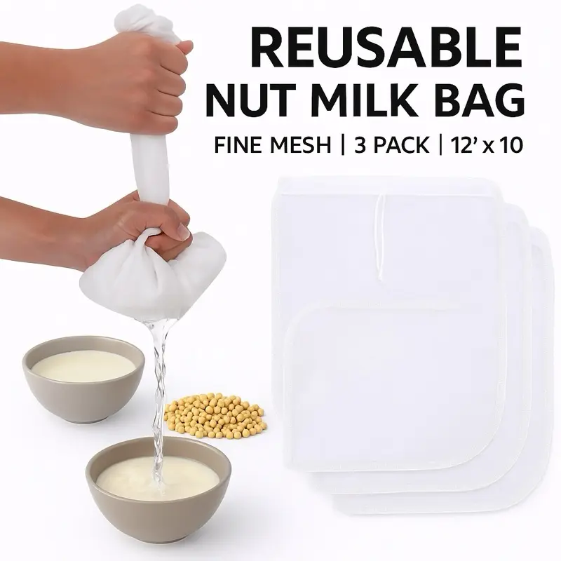 3 Pcs Nut Milk Bag 12"x10" – Reusable Nylon Cheese Cloth for Straining Juice, Almond Milk, Coffee, Yogurt, Tea & Cold Brew – Fine Mesh Filter Cheesecloth Bags for Kitchen
