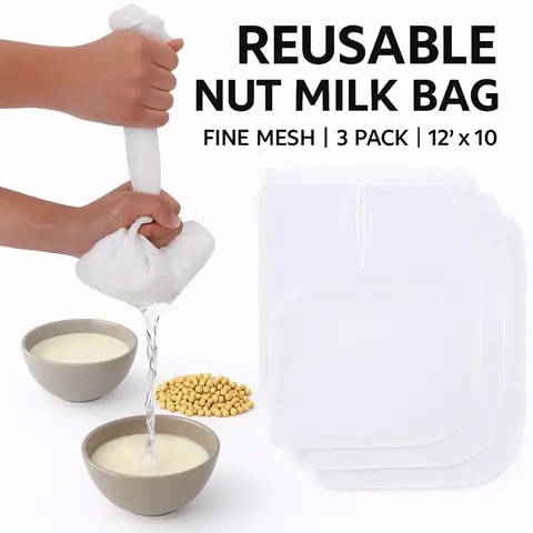 3 Pcs Nut Milk Bag 12"x10" – Reusable Nylon Cheese Cloth for Straining Juice, Almond Milk, Coffee, Yogurt, Tea & Cold Brew – Fine Mesh Filter Cheesecloth Bags for Kitchen