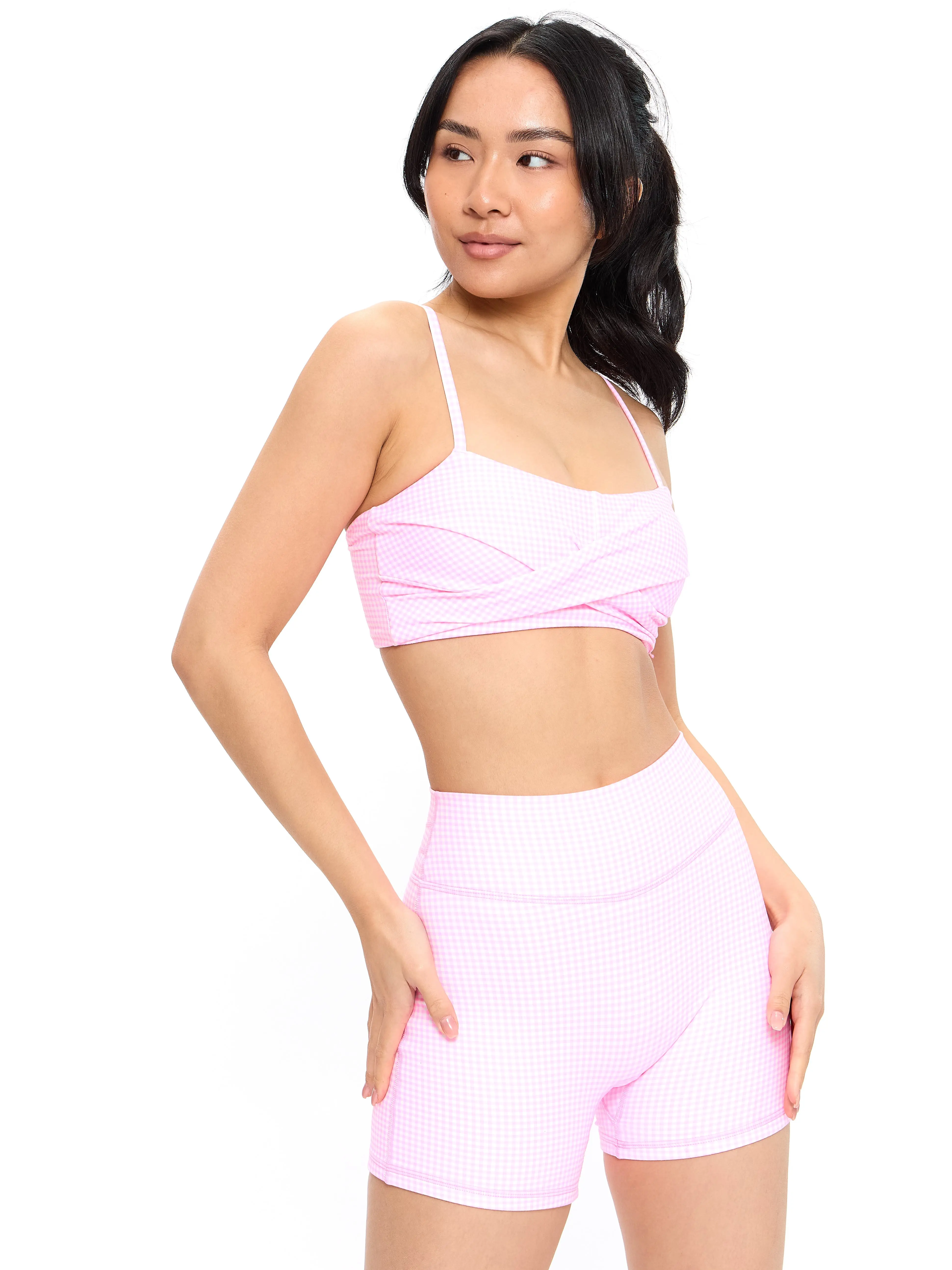 Ivy Wrap Sports Bra - Pink Gingham, Criss Cross Back Detail, Square Neckline, Adjustable Straps, Removable Pads, Summer Wear, NuBre Fabric