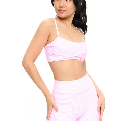 Ivy Wrap Sports Bra - Pink Gingham, Criss Cross Back Detail, Square Neckline, Adjustable Straps, Removable Pads, Summer Wear, NuBre Fabric