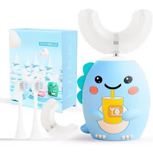 Kids U Shaped Electric Toothbrush with 4 Brush Heads, Sonic Toothbrush Kids with 5 Modes, Cartoon Dinosaur 360-Degree Cleaning IPX7 Waterproof Design (2-6 Age (Blue))