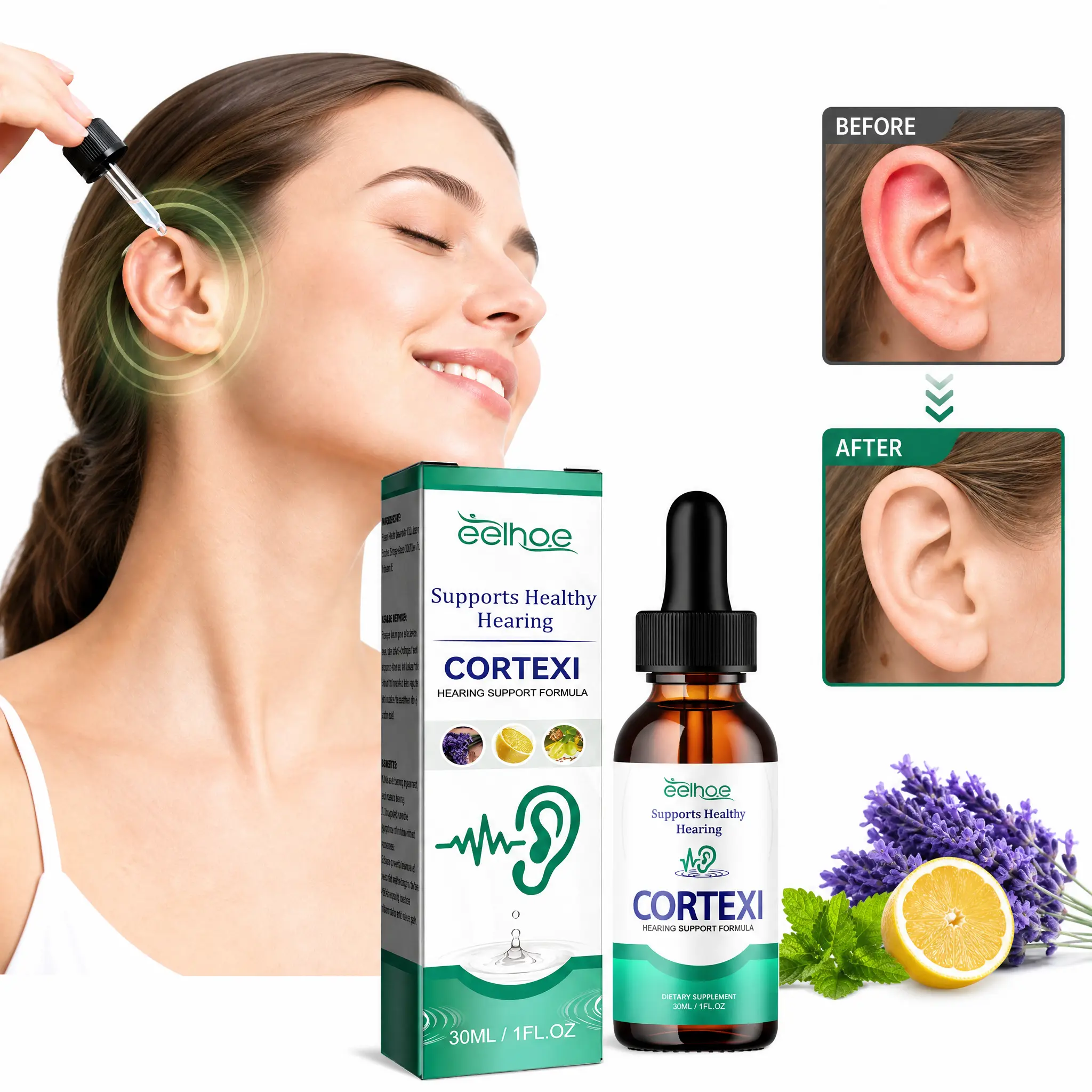 Eelhoe Cortexi Ear Ringing Relieving Drops 30ml - Natural Lavender, Lemon & Grape Seed Oil Formula for Tinnitus Relief, Ear Inflammation Treatment (Party Gift)