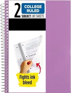 Spiral Notebook, 2 Subject, College Ruled, 9 1/2" x 6" 80 Sheets