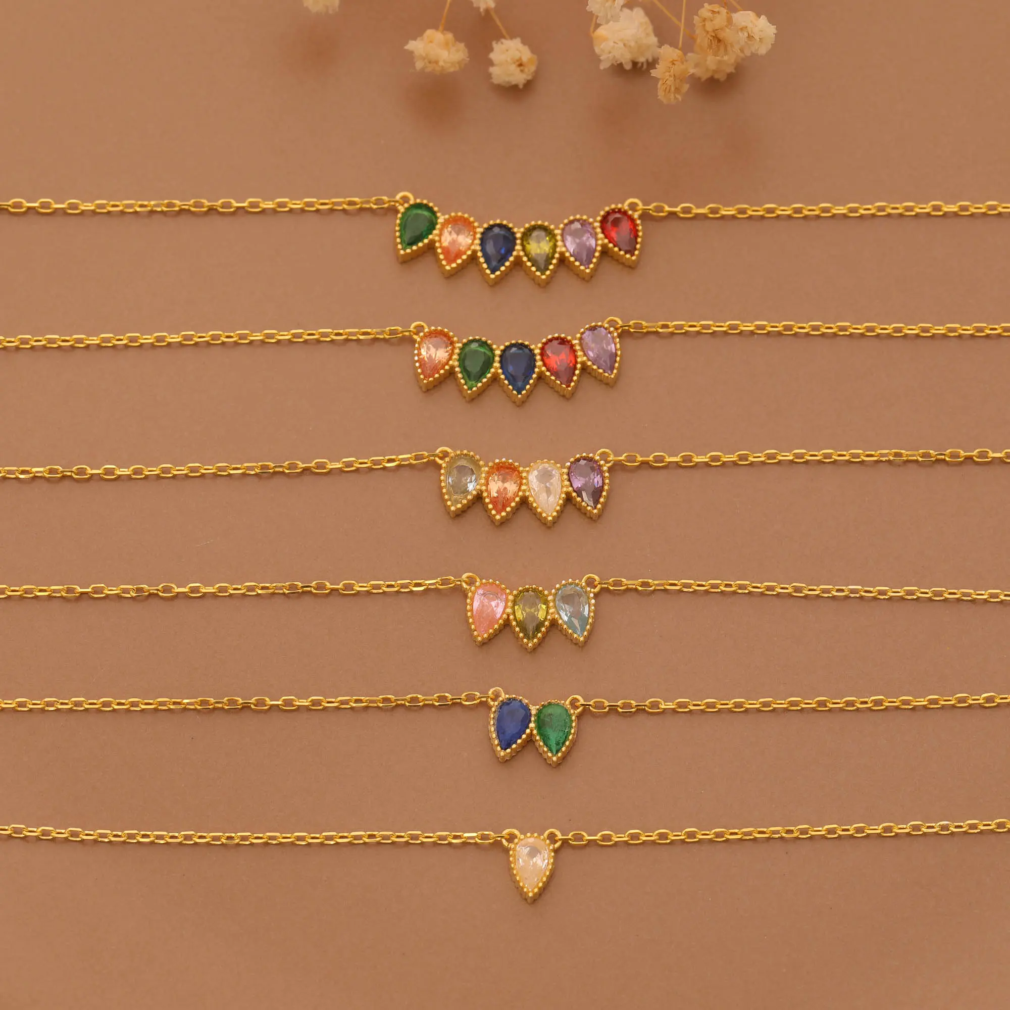 Custom Birthstone Necklace Dainty Teardrop Pendant Gold 18K Plated Family Jewelry Personalized with Birthstones for Love Luck and Protection