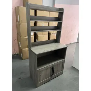 GARVEE Freestanding Kitchen Pantry Cabinet with Doors & Hutch, 4-Tier Farmhouse Microwave Stand, Coffee Bar & Storage, Rustic Gray, with Power Outlets for Enhanced Functionality
