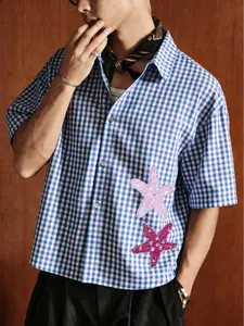 Men's Vacation Style Star Pattern Gingham Short Sleeve Shirt, Summer Loose Fit Casual Collared Shirt, Comfortable and Stylish Men's Clothing