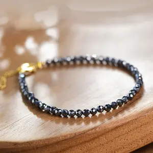 Natural Hematite Stone Dainty Bracelet Black Hematite Faceted Crystal Braided Bracelet Anklet Minimalist Style for Daily Use Adjustable