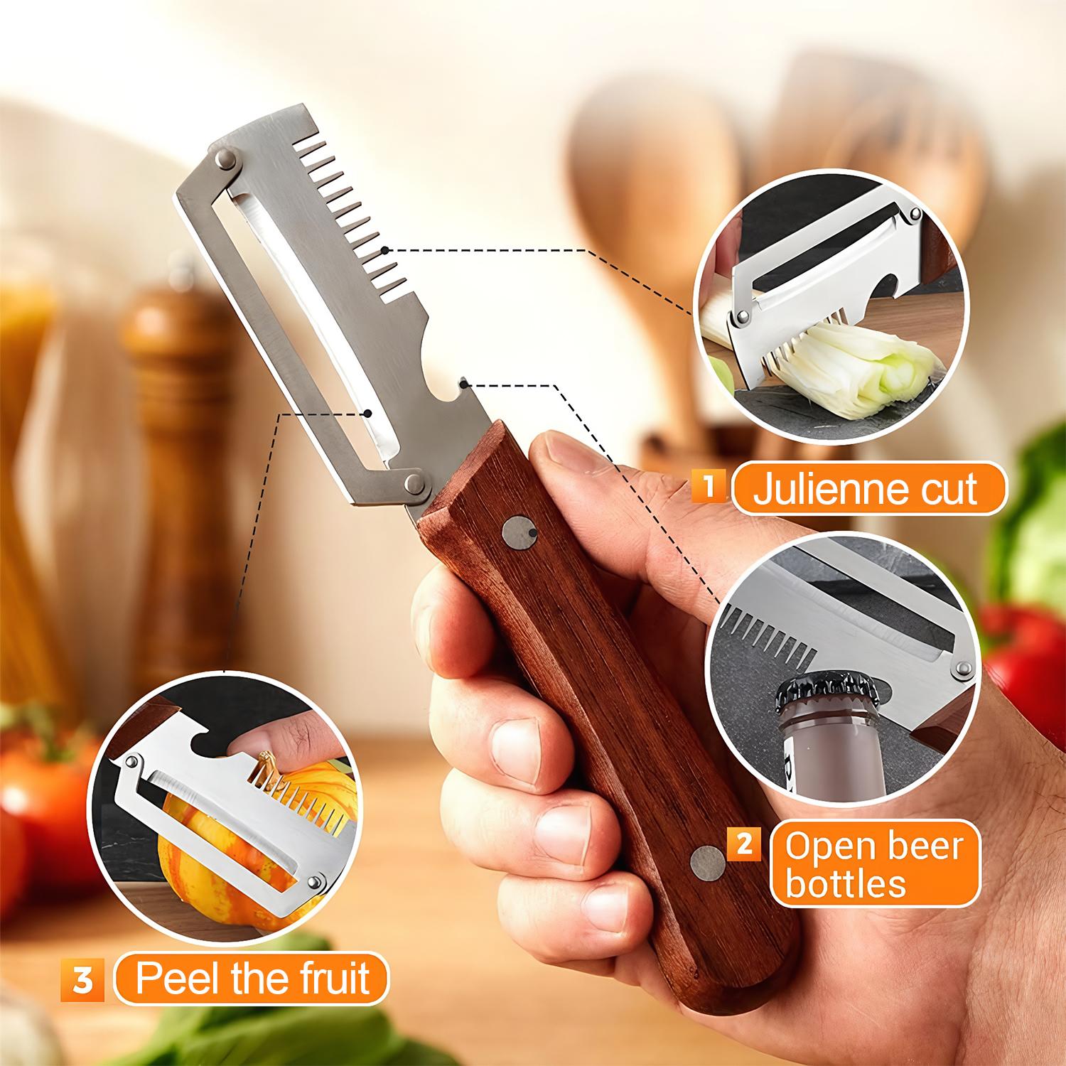 VAYWET 2PCS / 1PC 3-in-1 Fruit & Veggie Peeler wooden handle bottle opener graterkitchen Gadgets potatoes pumpkinsp carrots Vegetable Sharp Stainless Steel Non-slip Design Comfortable Grip Multifunctional for Sugar Cane Pineapple Skin Removal Special Tool