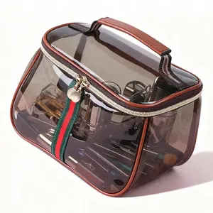 New Retro Vintage Vanity Bag, Vintage Makeup Bag, Ladies Large Capacity Makeup Organizer, Waterproof Transparent with Zipper Toiletry Bag, Women Ladies Travel Storage Case (Transparent brown)