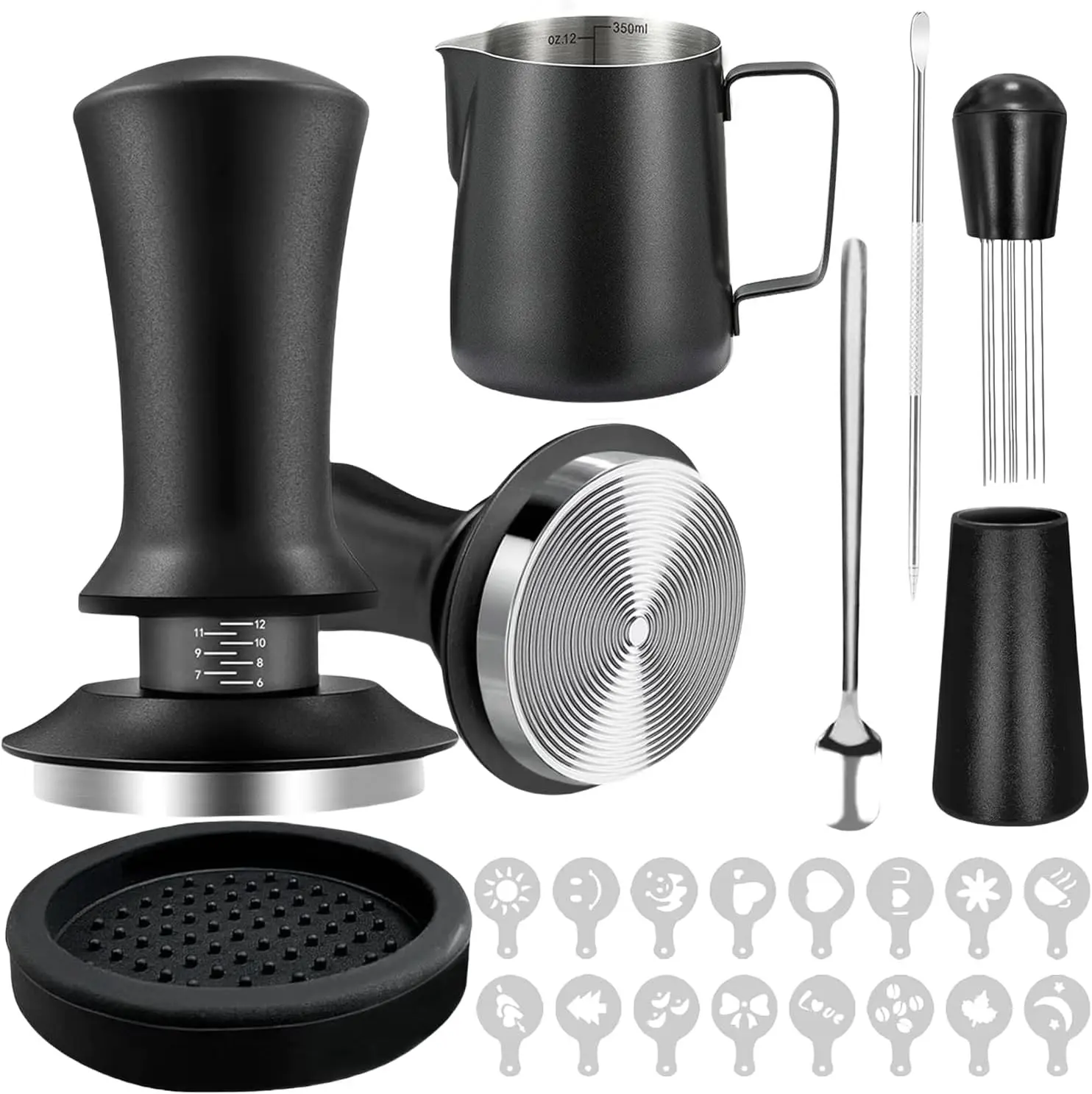 22 PCS 53mm Espresso Accessories Kit Barista Tamper Set with Frothing Pitcher WDT Tool Stirrer Tamper Mat Coffee Stencils Latte Art Pen