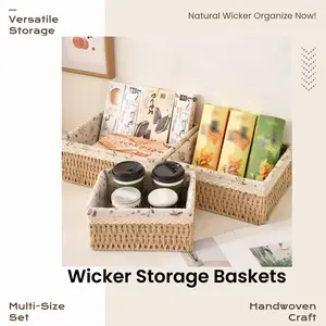 Organizing Wicker Basket, Natural Paper Rope Large Medium Small Storage Basket Set, Handwoven Nesting Food Storage Room Organizer Birthday Gift for Women Girls Home Office School Desk Decoration (3 Pieces Set)
