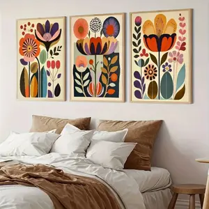 3 Pieces Nordic Folk Art Floral Canvas Prints, Boho Botanical Wall Mural, Natural Ethnic Home Art, Eclectic Gallery Decor, Warm Tone Poster, Wall Decor for Living Room, Bedroom and Foyer, Framed or Unframed Options Available.