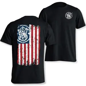 Smith & Wesson Distressed American Flag T-Shirt, Patriotic US Flag Graphic Tee for Men, Gun Rights Apparel, S&W Logo Short Sleeve Cotton Shirt, Firearms Enthusiast Gift, Tactical Sportswear
