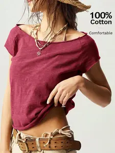 Bohemela Women's Boho Style Slim Fit Boat Neck Solid Color Washed T-Shirt Summer For Women