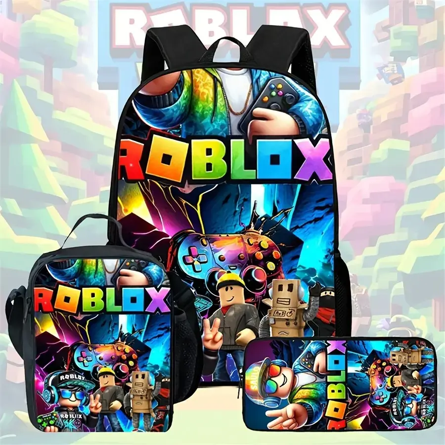 3-Pieces Complete 3-in-1 Gamer Bundle, Boy's Unisex Back to School Elementary Gear Set - Vibrant Print Roblox Character Oxford Cloth Durable Water Resistant Large Backpack with Adjustable Straps, Lunch Box, Pencil Case (Great for Birthdays)