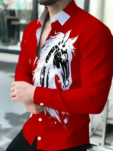Men's Long Sleeve Collared Red Base Printed Shirt