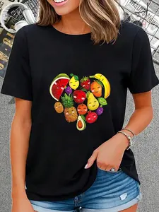 100% Cotton Funny Fruits Collage Cute Heart Fruit And Vegetables T-Shirt T-Shirt  Casual Tops