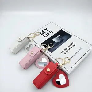 Portable Compact Lip Balm Case Heart Mirror Lipstick Protector Leather Cover Cute Simple Keychain, 1 Piece, Essential Accessory