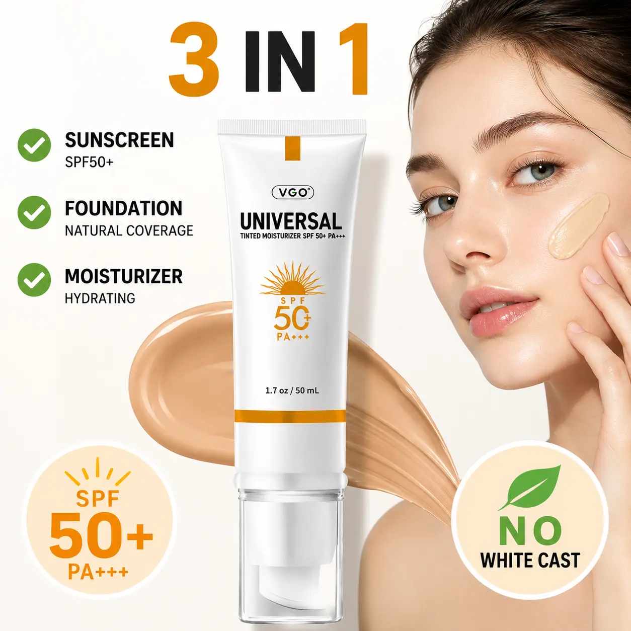 VGO Universal Tinted Sunscreen SPF50+ PA++++, 3-in-1 Tinted Moisturizer with Natural Coverage, Lightweight Foundation Alternative, No White Cast, Daily Face Sunscreen Makeup Primer for All Skin Types
