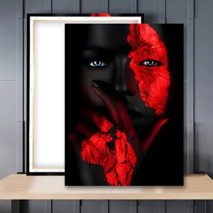 1pc Wooden Framed, Abstract African Woman Portrait Canvas Art Poster, Red Black Texture Face Print, Modern Wall Art Canvas Painting, Ideal For Bathroom, Bedroom, Office, Living Room, Wall, Room, Home Decoration, Instantly Enhance Your Space!