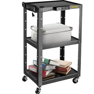 Spring new arrivals Steel AV Cart, 24-42" Height Adjustable Media Cart with Electric Power Cord, 24 x 32" Presentation Cart with 3 shelves, 150 LBS Rolling Projector Cart with and 2 Brakes Suitable for load-bearing