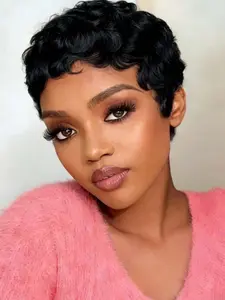 Women's Short Wig, Pixie Cut, Real Human Hair, Glue-Free, Pre-Plucked Curly Hair, 13x4 Lace, 180% Density, Everyday Wear, Colors #1b, #99j, #4, Human Hair Wigs