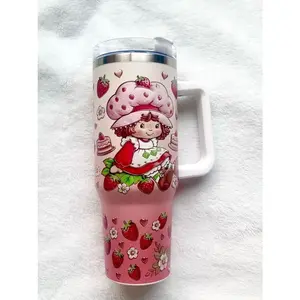 Sweet Berry Cartoon 2026 40oz Tumbler With Handle, Cute Pink Strawberry Inspired Stainless Steel Travel Mug, Aesthetic Insulated Cup Gift For Girls