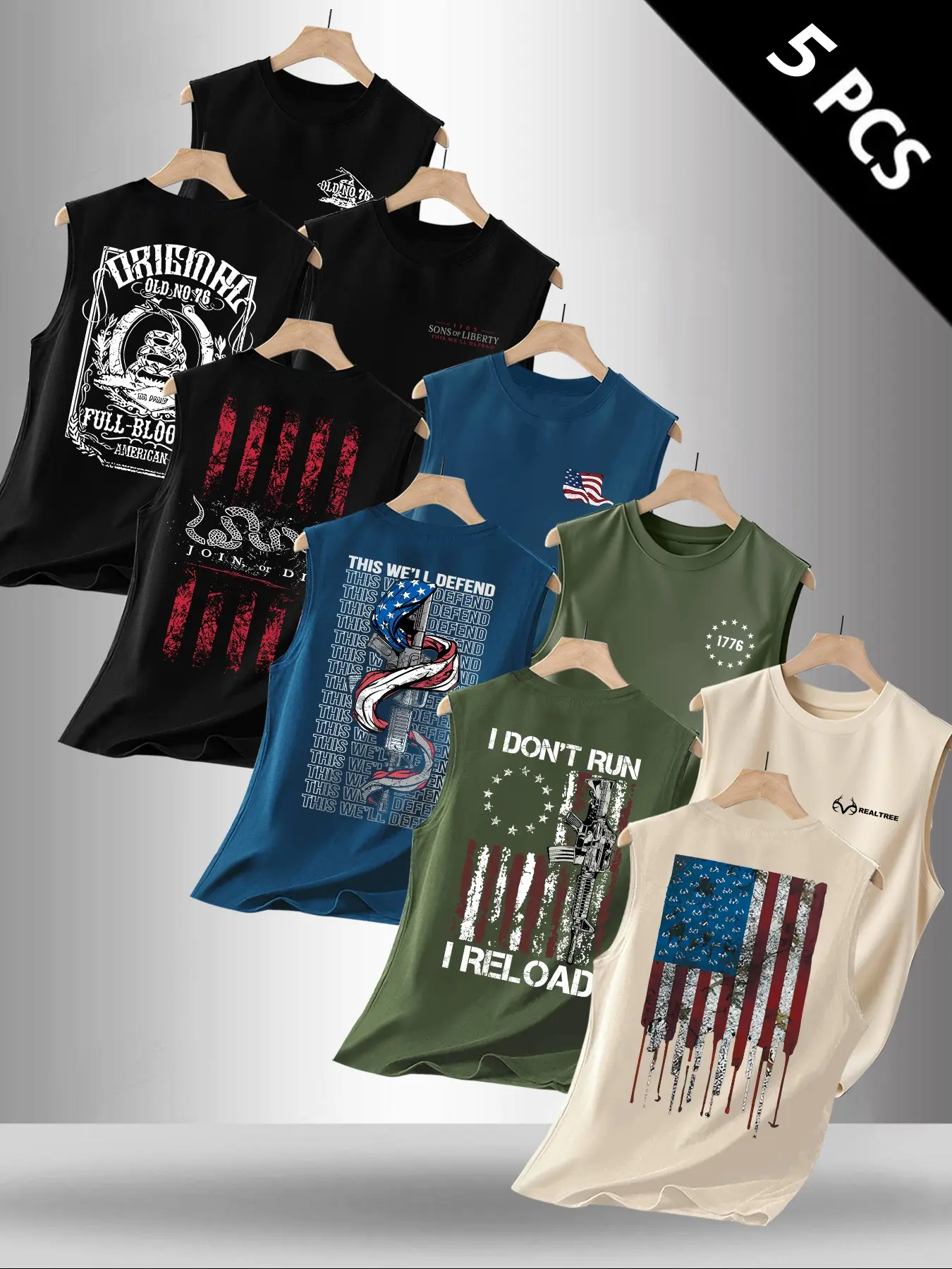 Men's 5-Pack Flag Graphic Pattern Print Round Neck Sleeveless T-Shirts, Casual Graphic Tee, Casual Streetwear Tops, Casual Streetwear Comfortable Top, Ideal for Summer Outdoor Activities