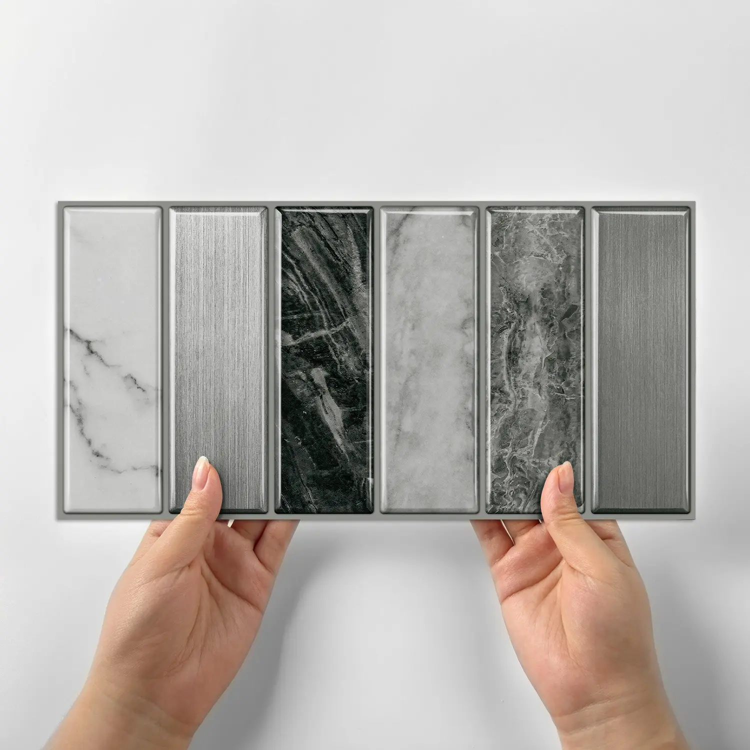 12pcs/24pcs/48pcs Grey Marble & Brushed Metal Mix Self-Adhesive Wall Tiles - Stick On Backsplash, Self-Adhesive Vertical Subway Tile Backsplash, Waterproof Removable Wall Stickers, Suitable for Kitchen, Bathroom, RV, and Home Decor